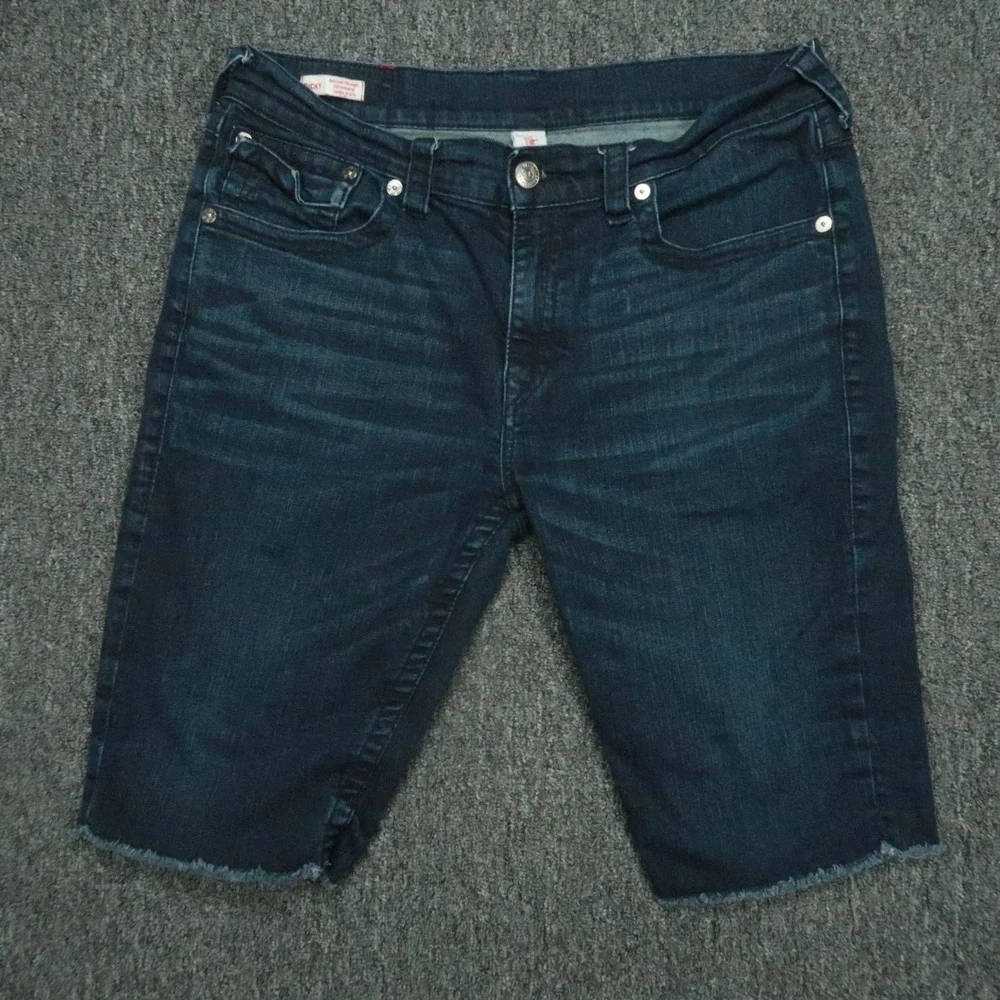True Religion Shorts Mens 36 Blue Ricky Relaxed Straight Flaps Cut Off Dark Wash